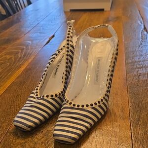 Manolo Blahnik size 40.5 Navy/White Striped Slingback Pumps with Dot Trim